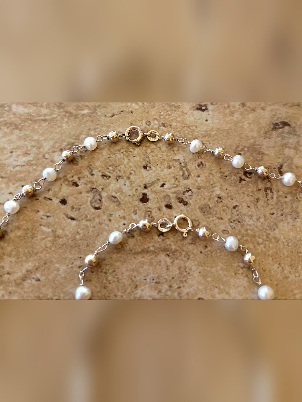 ✨️VTG FAS 925✨️ Gold Vermeil Freshwater Pearl Rosary Chain Necklace Bracelet Set - Picture 6 of 8